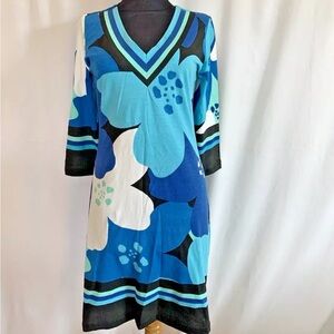 Barbara Gerwit Blue White Floral Knit Tunic Dress - size Extra Small NWOT